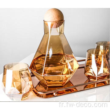 Carafe en verre lustre ambre hexagonal avec tasse